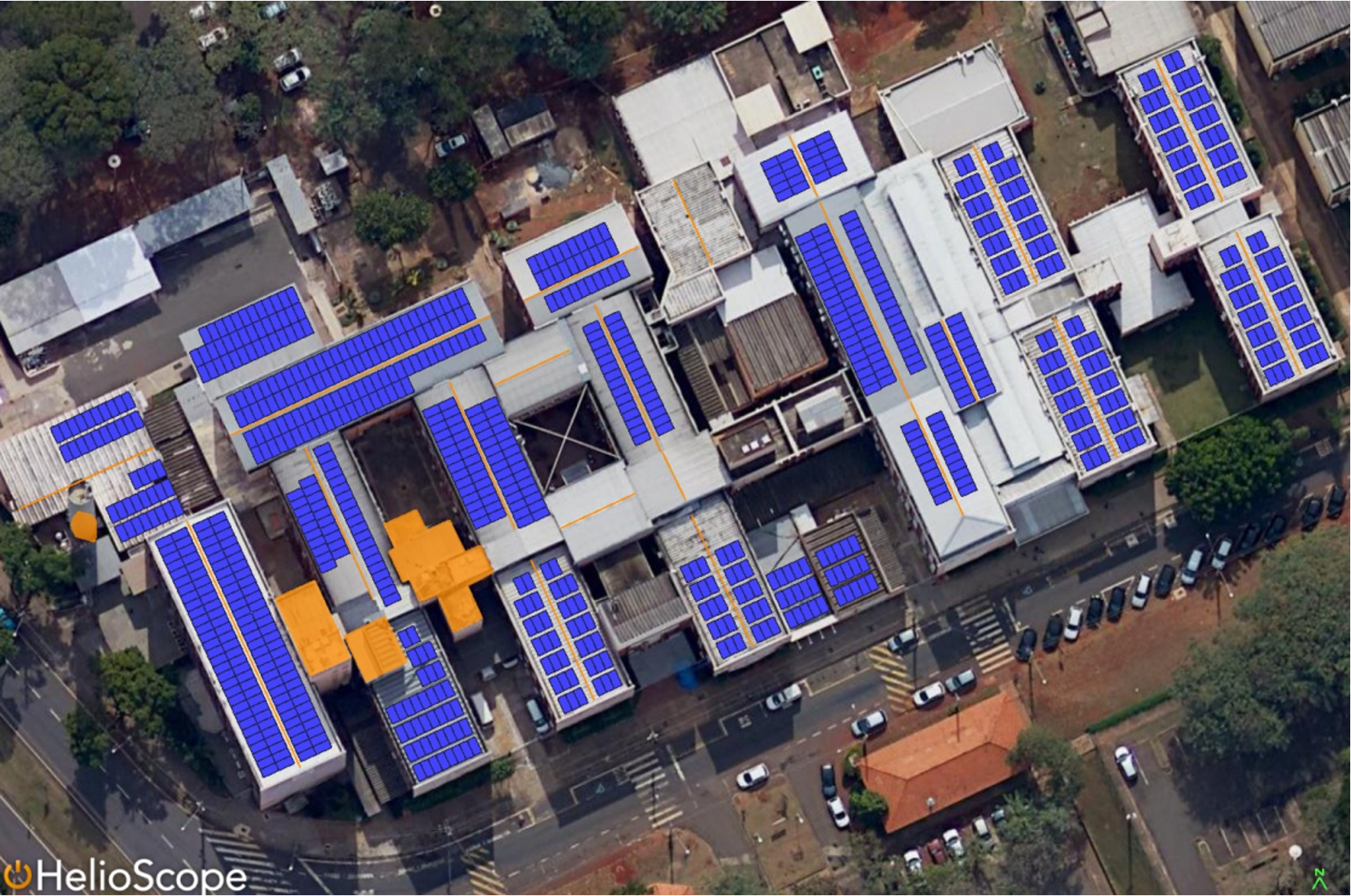 A birds eye view of Unicamp's roofs colored in purple for solar PV roofs