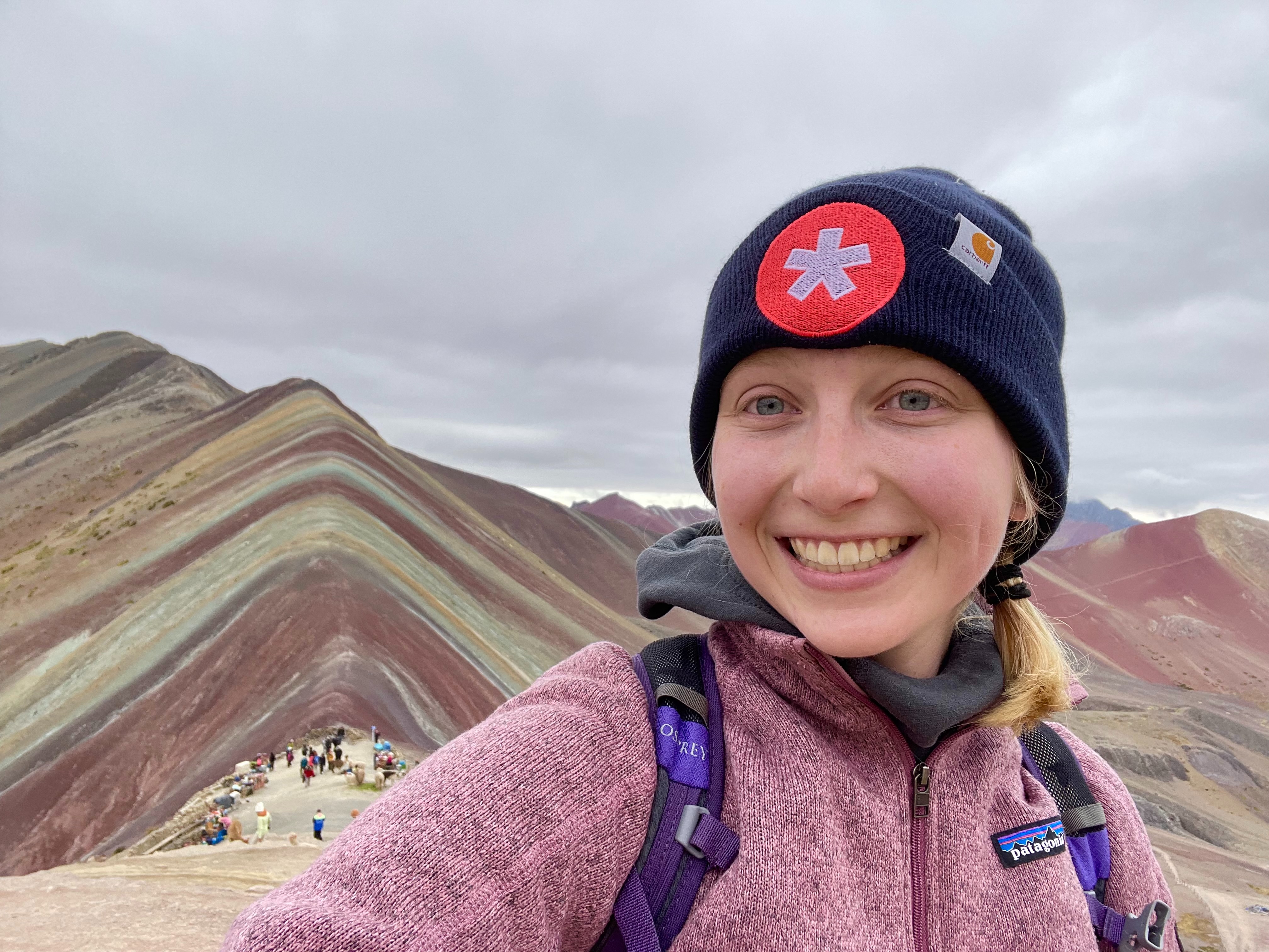 Selfie of Markey Freudenburg-Puricelli in a beanie in the Atacama Desert, Chile