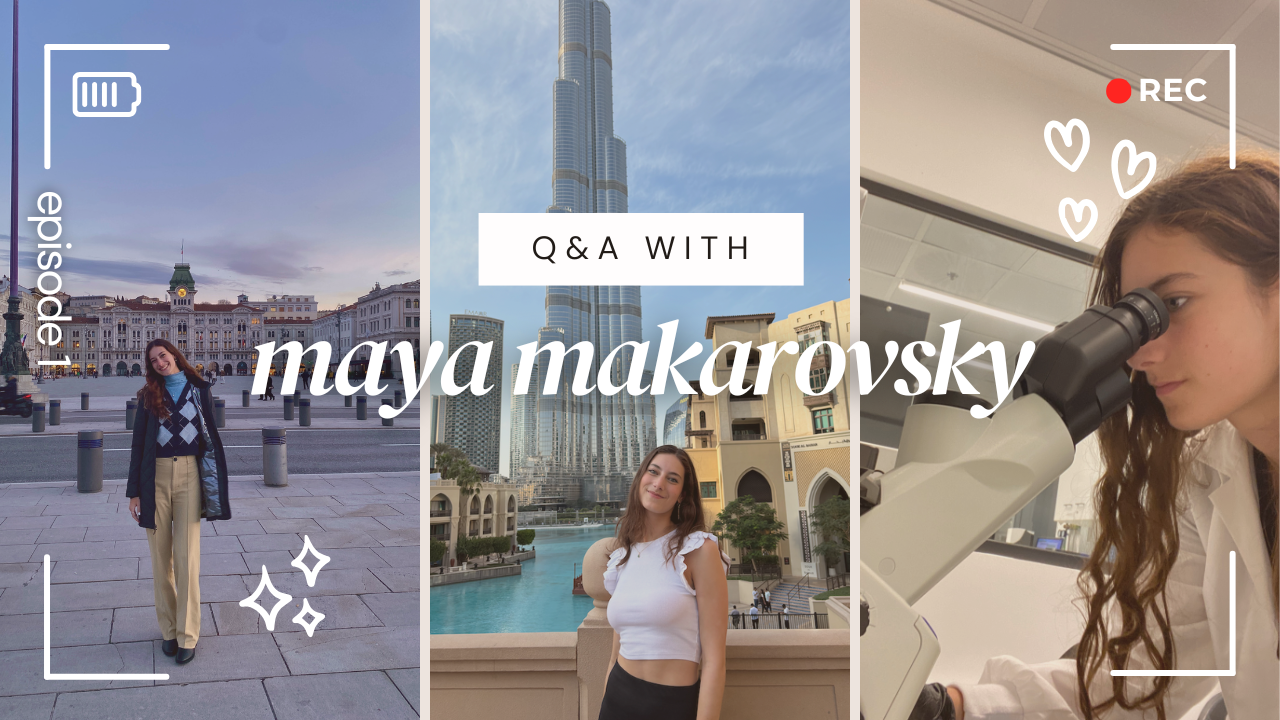 three vertical picture collage of Maya Makarovsky '25 with text: Q&A with Maya Makarovsky