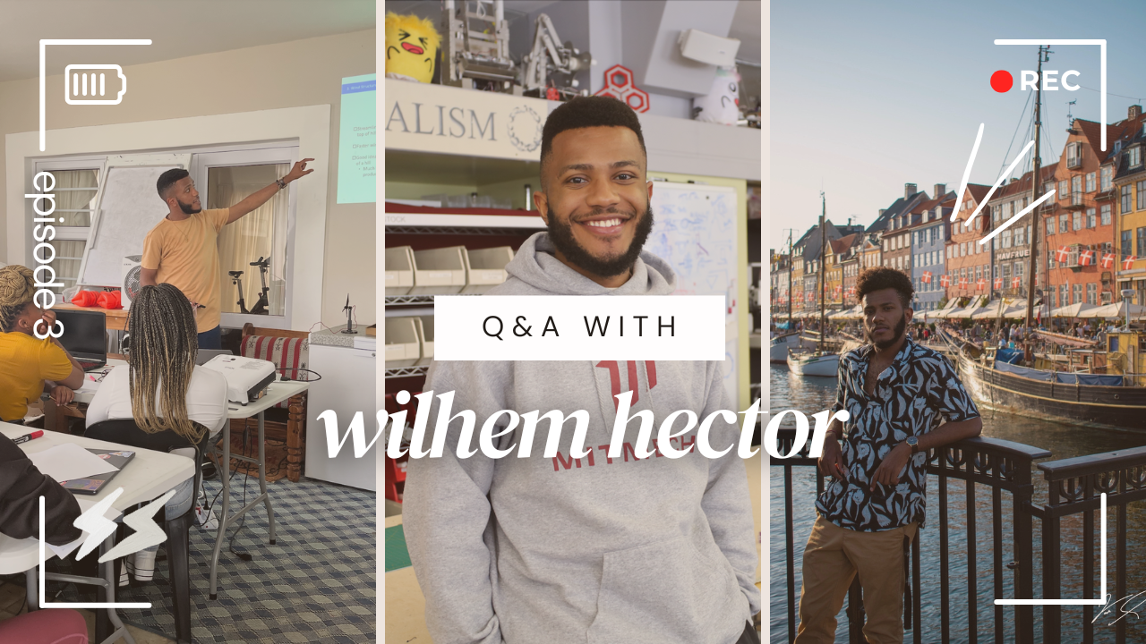 Three picture collage of WIlhem Hector and a text in the middle of the frame: Q&A with Wilhem Hector