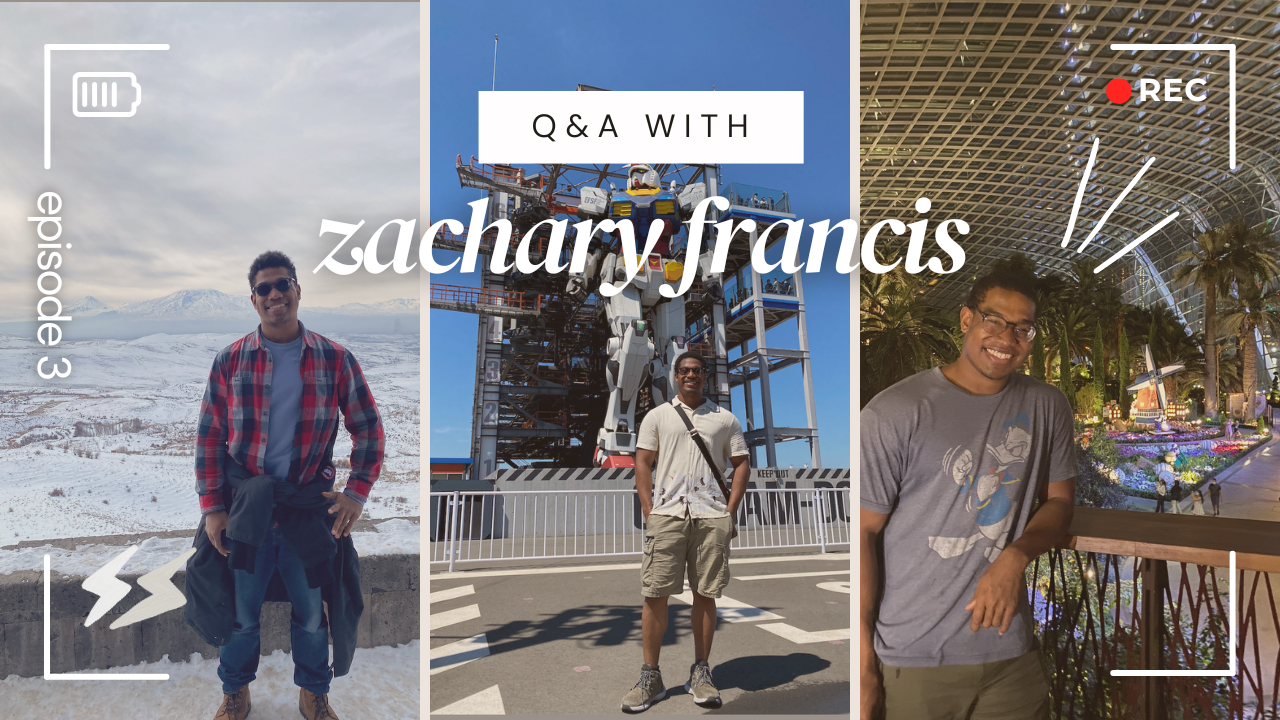 Three picture collage of Zachary Francis with text: Q&A with Zachary Francis