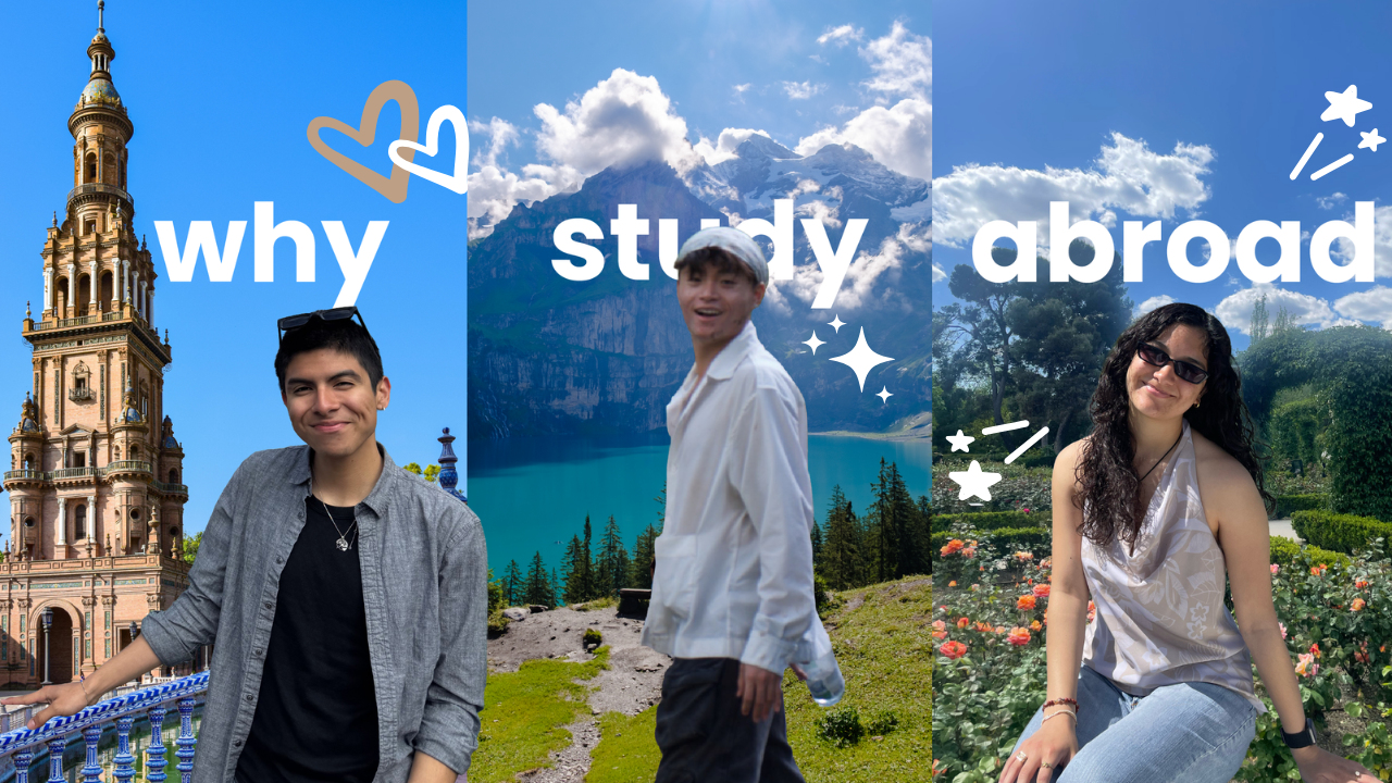 Three tile image with MIT students abroad and text across "why study abroad"