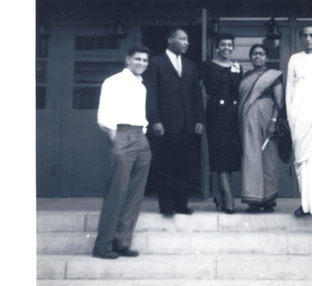 From left to right: Ahmed Meer, Dr. King, Mrs. King, Mrs. Sucheta Kripalani, Acharya Kripalani, and Jaswant Krishnayya photographed outside Morehouse College in Atlanta, Georgia. 