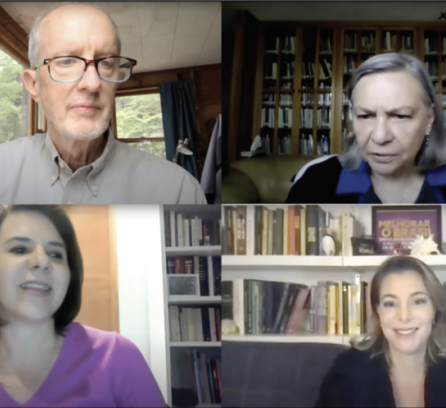 Clockwise from top left: Ben Ross Schneider, Ford International Professor of Political Science at MIT and faculty director for MIT-Chile, hosted a discussion with Sylvia Schmelkes, academic vice-chancellor at the Universidad Iberoamericana; Priscila Cruz, executive president of Todos Pela Educação; and Paula Louzano, dean of the faculty of education at Universidad Diego Portales. 