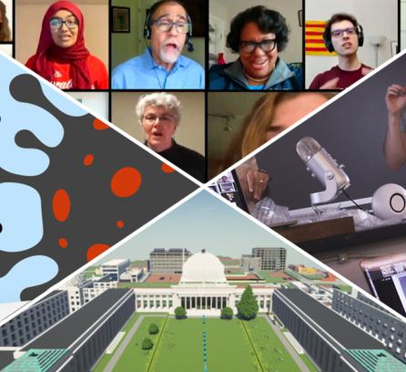 Four images pieced together into quadrants. One image is of people on Zoom, another picture showing people recording with a microphone, another picture showing an illustration of MIT campus, and the last picture being an illustration of a virus