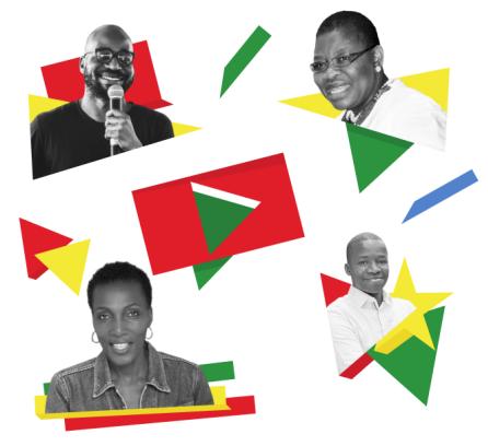 A square graphic with headshots of Kudzanai Chiurai (top left), Oby Ezekwesili (top right), Moky Makura (bottom left), and Tidjane Deme (bottom right)