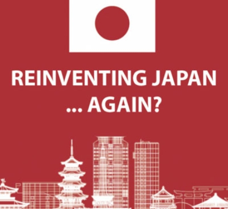 Decorative visual of white sketches of Japan at the bottom of image on red background with a Japanese flag on top and in between a text that says "Reinventing Japan...Again?"