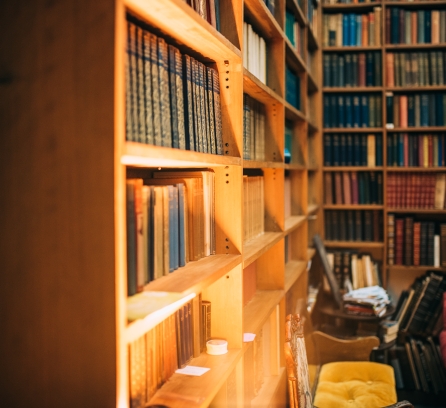 Library with couch and chairs