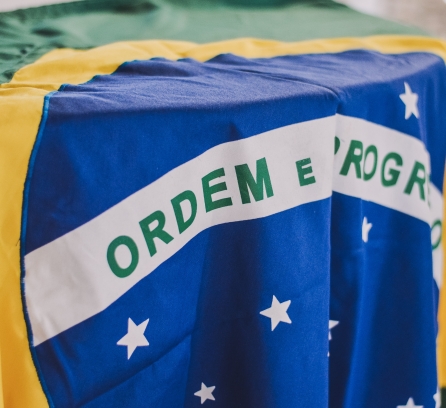 Brazil flag tablecloth draped over table
