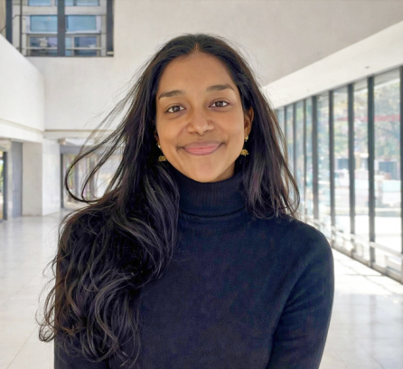 Closeup of Srihitha Dasari in a sunlit atrium