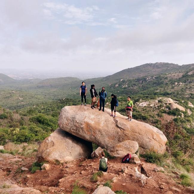 Students on a rock in India