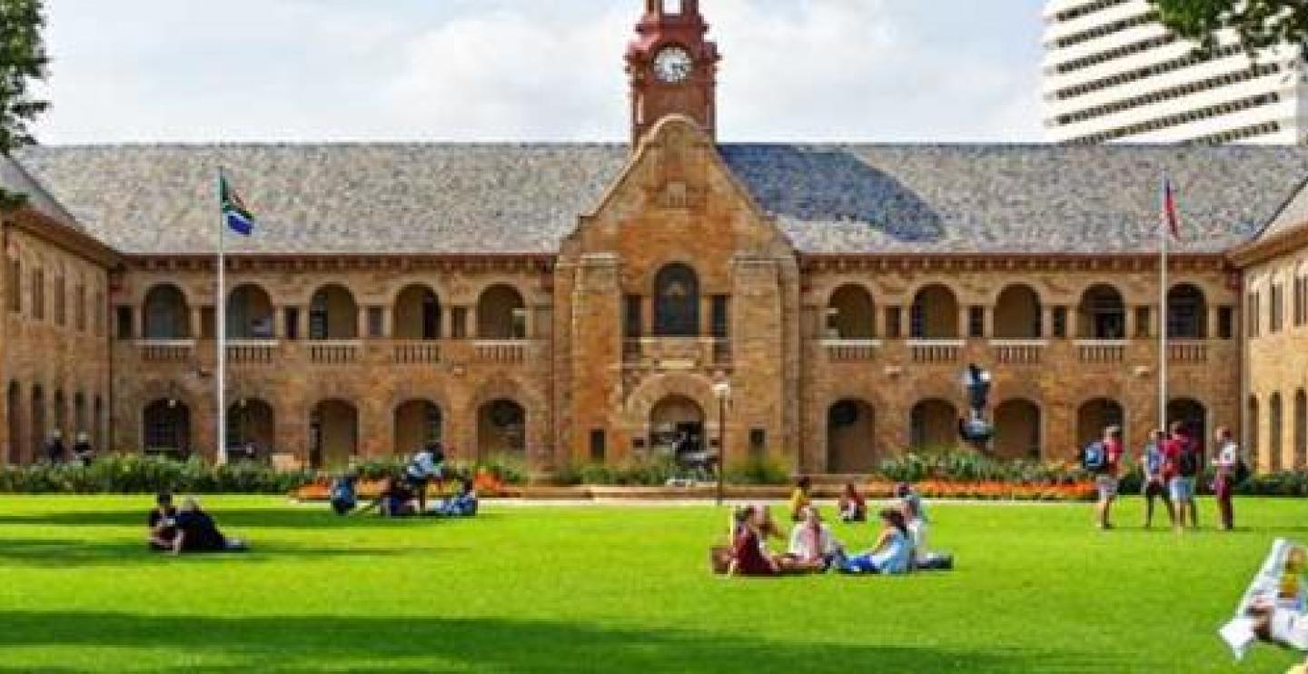 View of students conversing and walking across the University of Pretoria campus