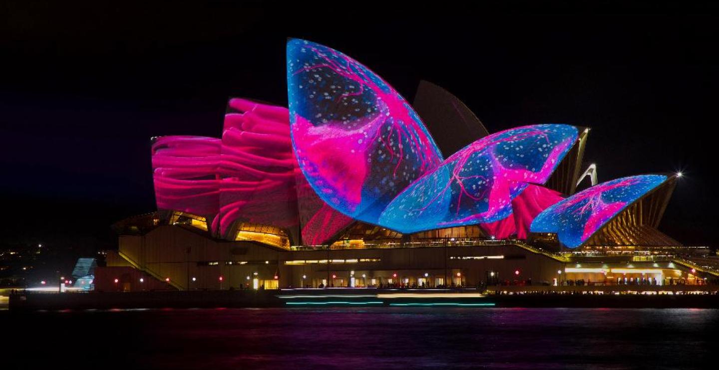 Sydney Opera House with lighting effects giving the illusion of giant jellyfish over the bay