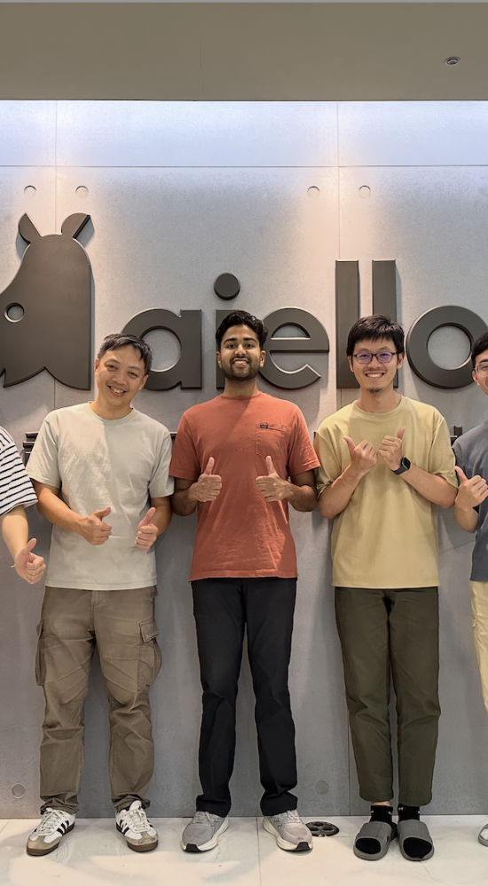 Achival Goel standing in the middle of 4 others in front of a back lit light grey wall with a rhino head and aiello sign on the wall