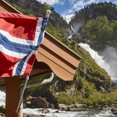 Norway Flag and waterfall