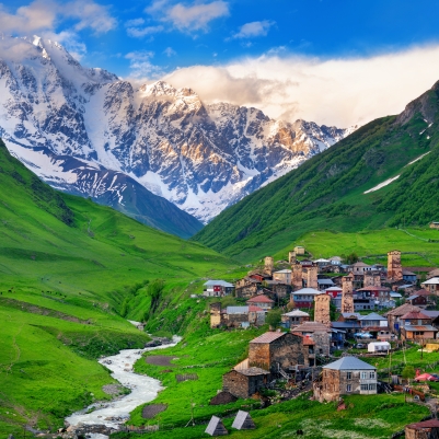 Ushguli village at the foot of Mt. Shkhara,Upper Svaneti, Georgia