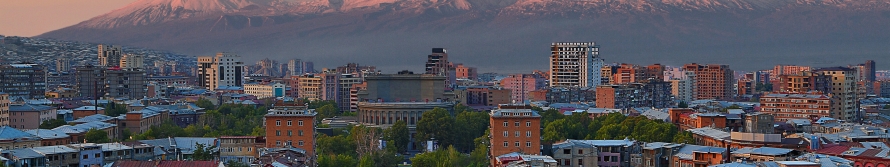 View over the city of Yerevan, capital of Armenia, with the two peaks of the Mount Ararat in the background, at the sunrise.