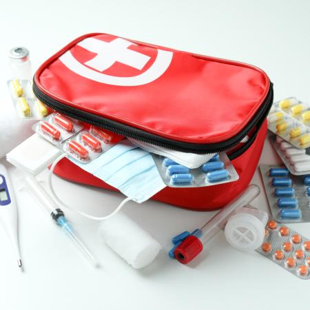 first aid medical kit with pills, masks, themometer