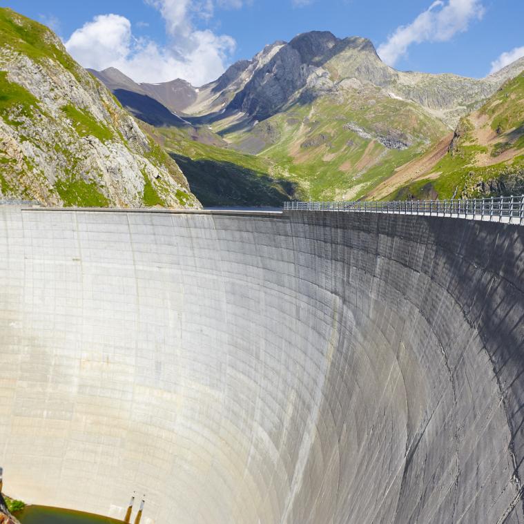 Llauset dam in Aragon. Hydroelectric energy power. Trekking route. Spain