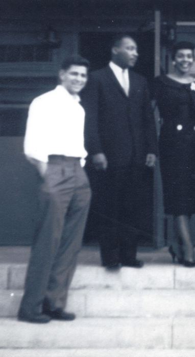 From left to right: Ahmed Meer, Dr. King, Mrs. King, Mrs. Sucheta Kripalani, Acharya Kripalani, and Jaswant Krishnayya photographed outside Morehouse College in Atlanta, Georgia. 