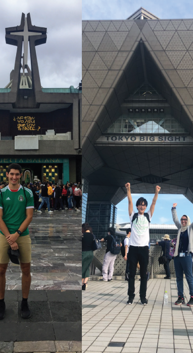 Collage of Manuel in front of the Basilica Lady of Guadalupe and Marwa with both hands up with her supervisor Ken, in front of Tokyo Big Sight in 2018