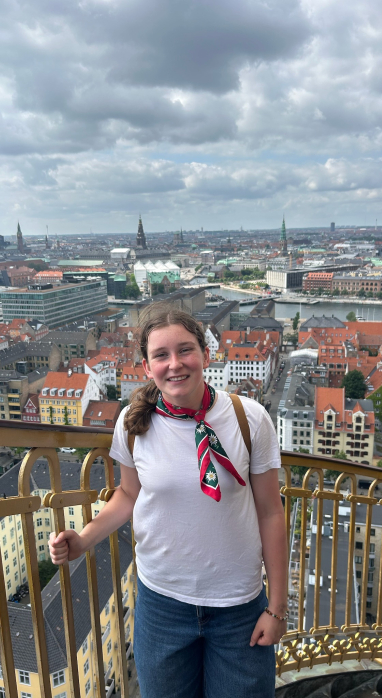 Cassidy on top of the spiral tower in Copenhagen